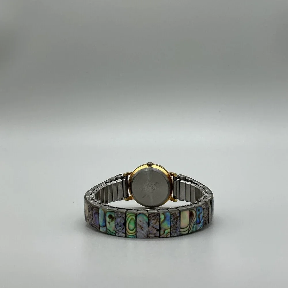 Vintage Pearl Womens Watch 24mm Abalone Dial Gold Tone Stretch Band New Battery